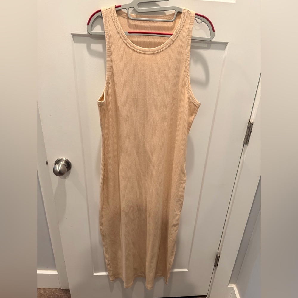 Aerie Ribbed Midi Dress XL Beige Sleeveless Bodycon Ruched Lounge